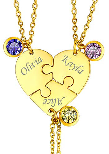 Custom4U Edelstahl Matching Puzzle Anhänger mit Gravur Personalisierte Freundschaftsketten für 3 mit Geburtsstein 18K Vergoldet Best Friends Forever and Ever Herz Puzzle BFF Kette Partner Kette