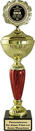 Pokal mit hochwertigen Alu Emblem und Wunschtext auf Sockelschild (Beste Oma)