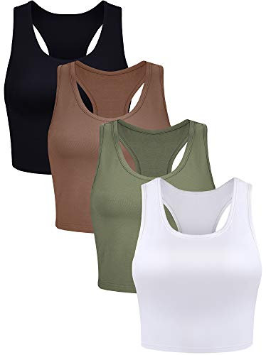 Geyoga 4 Stück Damen Crop Tank Tops (Schwarz, Armeegrün, Kaffee, Weiß, L)