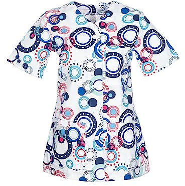 DINOZAVR Carla Blouse Medicale Femme - Tenue Infirmiere Professionnelle Imprimé Coloré, Manches Courtes, Col en V, 2 Poches Inférieures, 1 Poche Supérieure, Fermeture à Bouton - Cercles L