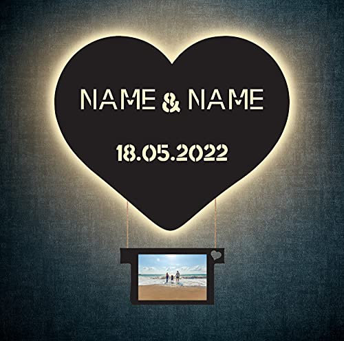 LEON - FOLIEN Heißluftballon Love Led Dekor Herz Schlummerlicht mit hängendem Bilderrahmen personalisiert mit Wunschnamen und Datum für dein Foto Nachtlicht Geschenk Valentinstag