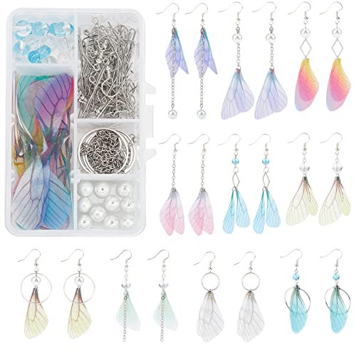 SUNNYCLUE DIY 10 Paar Stoff-Flügel-Ohrring-Kits Libellen-Flügel-Charms Künstliche Schmetterlingsflügel Schmuck-Charms Ohrringe Anhänger & 30 Glasperlen Mit 40 Ohrring-Haken Für Die Schmuckherstellung