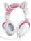 PHNIXGAM Cuffie da gioco Cat Ear, auricolari cablati con microfono a cancellazione del rumore, suono surround, LED, per PS4, PS5, Xbox One (senza adattatore), PC, cellulare, bianco rosa