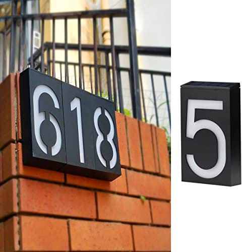 TINYOUTH Hausnummer Beleuchtet Solar - Nummer 5, Solar Türnummer Hausnummernschild Beleuchtet für Wand, 6 LED Hausnummernleuchte IP55 Wasserdicht Hausfinder für DIY Hausschild