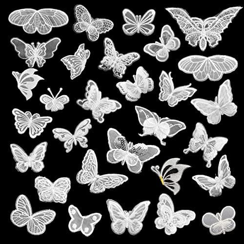 Yayatty 30 Stück Spitzenpatches, Schmetterling Stickpatches Organza Lace Appliques Nähen Sie Patches zum Reparieren und Dekorieren von Kleidung (Weiß)