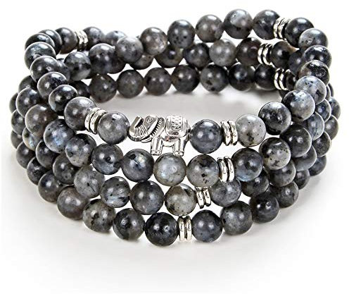 108 Mala-Stein-Perlen-Halsketten-Wrap-Handgelenk-Armband mit Elefanten-Charme-handgemachtes Schmuck-Geschenk (Schwarzer Labradorit (Black Labradorite))