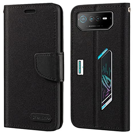 Custodia Flip in Tessuto Oxford e Pelle PU Compatibile con Asus ROG Phone 6, Cover Protettiva con Chiusura Magnetica e Tasche per Carte (Nero)