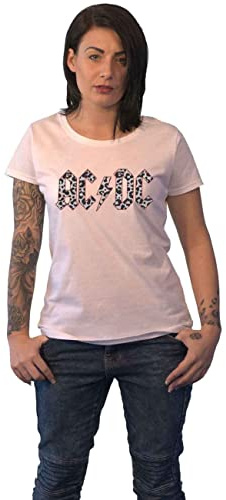 AC/DC T Shirt Mono Leopard Print Band Logo Official Womens Skinny Fit White M