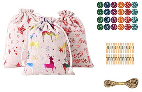 Adventskalender zum Befüllen 24 Weihnachtskalender Geschenk Papiertüten Tasche 1-24 Baumwolltasche Bündel Geschenk Weihnachtskalender Muster Süßigkeiten Leinen Advent Wohnkultur (Multicolor, One Size)