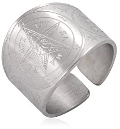 KKJOY Pentagramm Satanic Baphomet Ziege Breiter Bandring Edelstahl Satan Demon Teufel Symbol offene Finger Ringe Magischer Schmuck für Männer Frauen (Durchmesser 19mm, Satanic Baphomet Ziege - Silber)