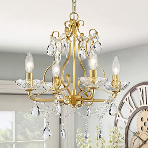 WUZUPS Kristallkerze Kronleuchter Pendelleuchte Unterputz Deckenleuchte Moderne Leuchte für Schlafzimmer Flur Bar Küche Bad, H 36 x B 41, Gold, E14 Sockel