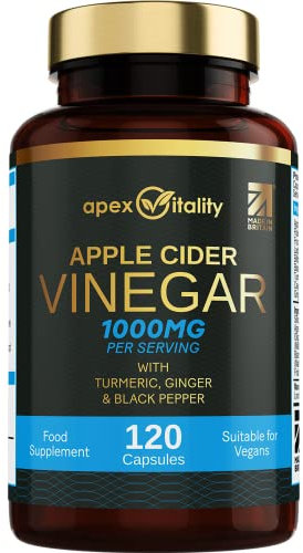 Apple Cider Vinegar | High Strength 1000mg Capsules with Turmeric, Ginger and Black Pepper (120 Capsules) Made in Great Britain by Apex Vitality