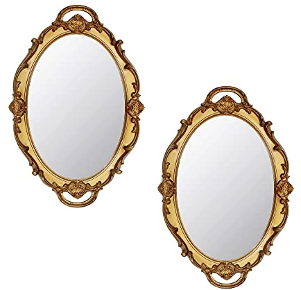 Eaoundm 14.5 x 10 inchs Oval Antique Decorative Wall Mirror Vintage Hanging Mirror (Gold 2 Pcs)