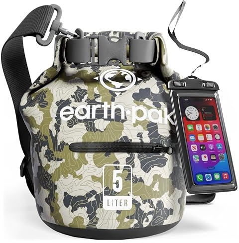 Earth Pak Dry Bag – Wasserdichter Packsack mit Reißverschluss Tasche, Schultergurt und wasserfester Handyhülle – Ideal beim Kajak Fahren, Camping, Angeln, Bootfahren und Rafting (Tarnung, 5L)