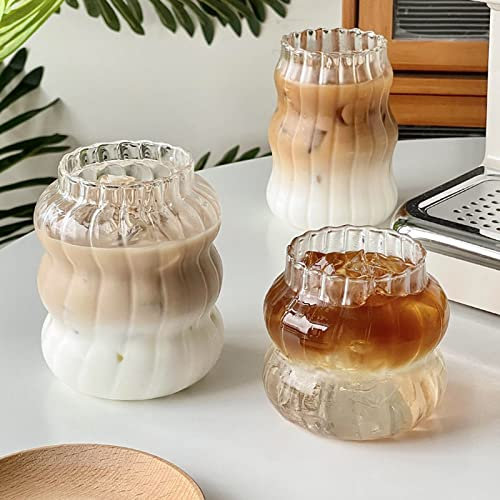 2pcs / 3pcs Ribbed Ice Coffee Cup Vintage Drinking Glasses Tumblers Gourd Shape Latte Cup Glasses Glass Cup Ripple Glassware Wave Shaped Glass Cups for Tea, Milk, Whisky, Coffee Bar Accessories
