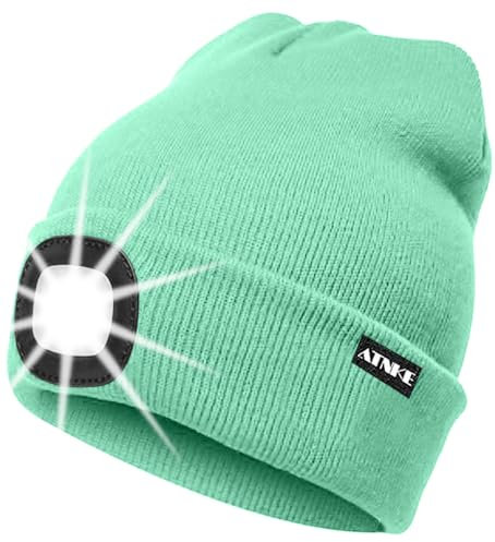 ATNKE LED Beleuchtete Mütze,Wiederaufladbare USB Laufmütze mit Licht Extrem Heller 4 LED Lampe Winter Warme Stirnlampe für Herren und Damen Geschenke/Fruit Green