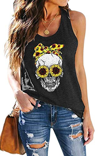 tiorhooe Damen Totenkopf Tank Tops Frauen Ärmellose Skull Sonnenblume T-Shirt Frau Lustig Schädel Shirts