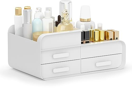 Feibrand Makeup Organiser Cosmetic Storage Box, Make up Organizer for Dressing Table Bathroom, Plastic Cosmetic Organisers with Drawer for Beauty Skincare, White