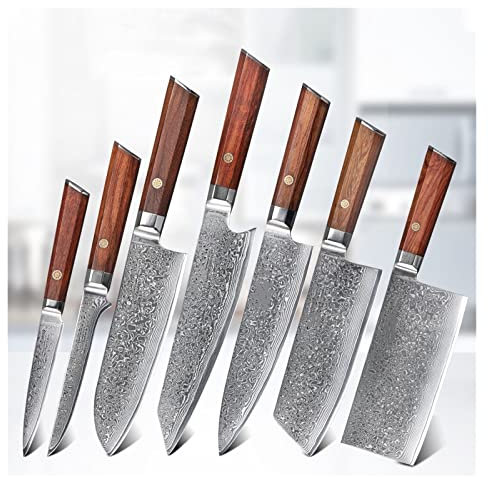 7pcs Ensemble de couteaux de cuisine japonais forgé damas en acier santoku couteaux pro en acier inoxydable chef couteau palissan