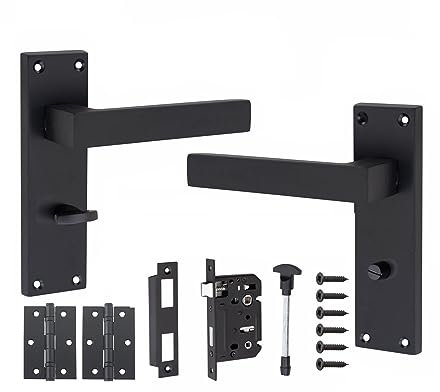 Golden Grace Victorian Straight Delta Door Handles Bathroom WC Toilet Complete in Matt Black with (GG) Bathroom Mortise Lock & 1 Pair of 3 Ball Bearing Hinges