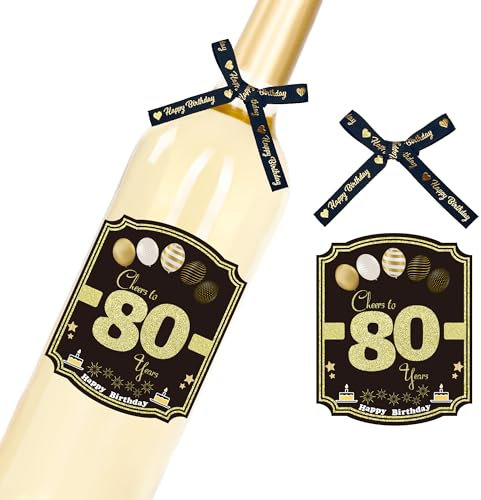 Sumerk 6 Pcs 80th Birthday Wine Bottle Labels and 6 Pcs Bows 80th Bow Birthday Stickers 80 Stickers Happy Birthday Gift Idea Decorations for Him Her