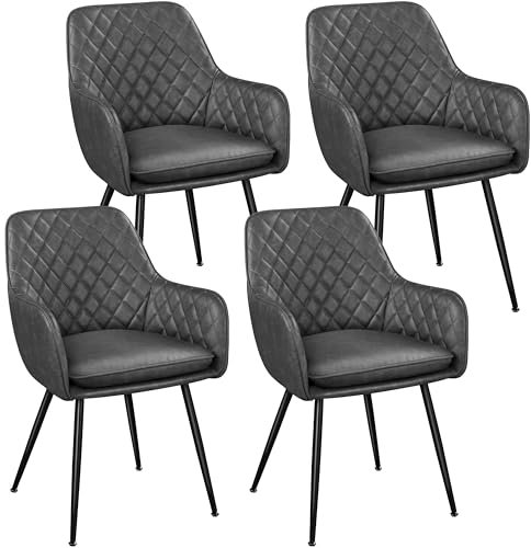 Yaheetech Esszimmerstühle 4er Set Küchenstühle, Polsterstühle mit Armlehnen Metallbeine, Seesel aus Kunstleder für Arbeitszimmer/Wohnzimmer, Dunkelgrau