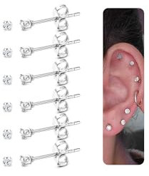 FIOROYAL 6Pairs Chirurgenstahl Ohrstecker Silber 20G Medizinische Ohrstecker für Herren Silber Ohrringe Damen 2mm CZ Runde Kugel Ohrringe Stecker Set Helix Tragus Piercing Ohr Silber