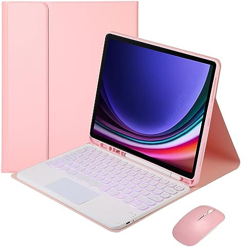 VLEAQC Étui Clavier avec Souris pour Samsung Galaxy Tab S9 Plus 12,4 Pouces 2023, Clavier Tactile Bluetooth Amovible avec rétroéclairage 7 Couleurs, étui Folio avec Porte-Stylo,Rose