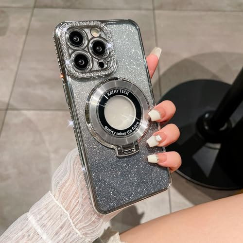 FIFTHAVE Glitter Mobile Phone Case iPhone 13 Pro Max Case Compatible with MagSafe 6.7 Inch Rhinestone Bling Diamond Protective Case with Ring Camera Protection Silicone Case Soft TPU Bumper for iPhone