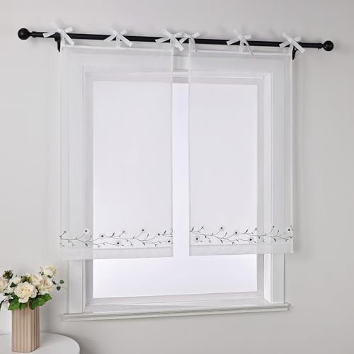 Joyswahl Voile Scheibengardine im Landhausstil »Kamille« Cáfe Gardinen Transparent Kurz Küchengardinen Bistrogardinen Küche Weiß HxB 120x60cm 1 Stück