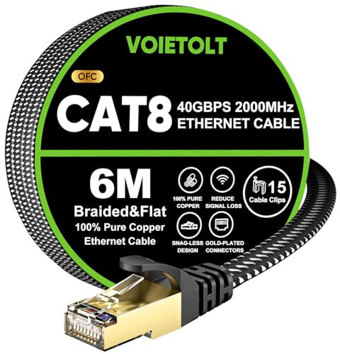 VOIETOLT Cable Ethernet Cat8, 40Gbps/2000Mhz Plano Trenza Cable de Red Internet STP RJ45 Gigabit LAN de Alta Velocidad (Trenza, 6Metro)