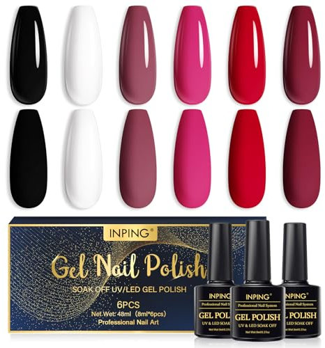 INPING UV Nagellack, 6 Farben Gel Schwarz Rot Rosa Burgunder Dunkel, UV Gel Polish Geschenkset Soak-Off Nagellack Set für Anfänger, 8ML