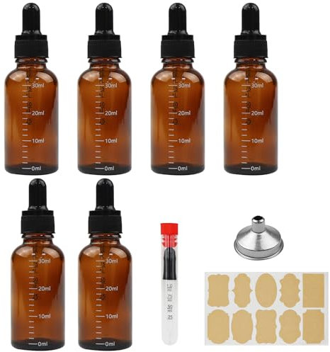 DRERIO 6 Stück Pipettenflasche 30ml Apothekerflasche Braunglas, Liquid Flaschen mit pipette, Tropfpipette mit Trichter Glaspipette Pipette Glas Aromaflasche für ätherische Öle Parfümöle Aromatherapie