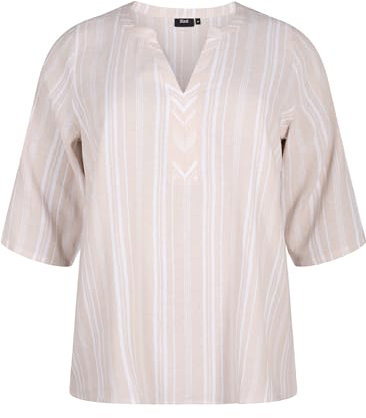Zizzi Damen Große Größen Bluse 3/4-Ärmel Leinen Viskose Größe Gr M Beige White Stripe