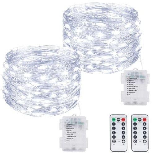 kolpop 2 Stück Lichterkette Batterie, 12M 120 LED 8 Modi Draht mit Fernbedienung und Timer Wasserdicht für Außen Innen Weihnachtsbaum Deko, Kaltweiß