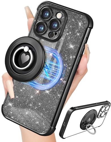 LISEVO Custodia per iPhone 14 Pro, da donna, glitterata, compatibile con MagSafe Ring Stand Magnetic Phone Cover Cute Girls Sparkly Luxury Elegant Girly Design per Apple 14 Pro, nero