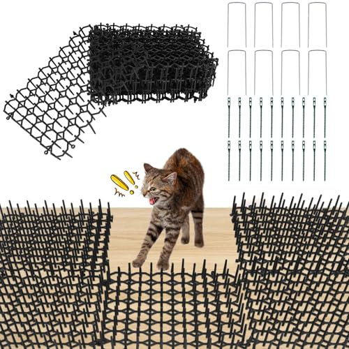 12 Piezas Universal Rejilla Antiespinas contra Gatos, 20 x 15 cm Tiras De Espigas para Animales, Estera de Anti Gato con 8 Clavos en Forma de U y 20 Correas de Plástico para Interior Exterior