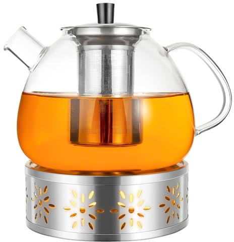 1500ML Teekanne aus Glas, Glasteekanne aus Hitzebeständigem Borosilikatglas, Teekanne Glas mit Siebeinsatz, Teekanne mit Stövchen, Geeignet zum Aufbrühen von Tee, Blumentee