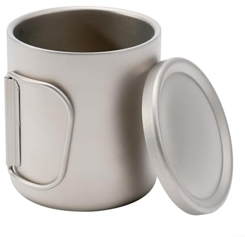 ReachMall Titan-Tasse, tragbar, doppelwandig, Titan-Wasserbecher, Outdoor, ultraleicht, Camping-Wasserbecher mit Deckel für drinnen und draußen, Camping, Reisen, Büro (mit Griffen, 300 ml)