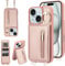 Jcxtrombulous Crossbody Wallet Case for iPhone 15 with Lanyard Strap Card Slot Holder [RFID Blocking] 360° Kickstand,Magnetic Flip Folio Zipper Purse Case, PU Leather Cover Handbag,Rose Gold