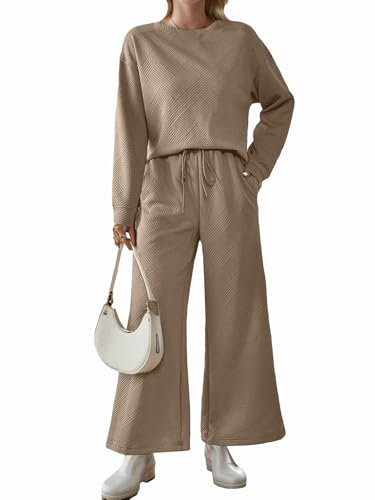 IFFEI Zweiteiler Damen Hausanzug Gerippte Strick Lounge Set mit Langarm Rundhals Pullover und Lange Hose Freizeitanzug Tracksuit 2 Teiler Set Outfit Khaki Medium