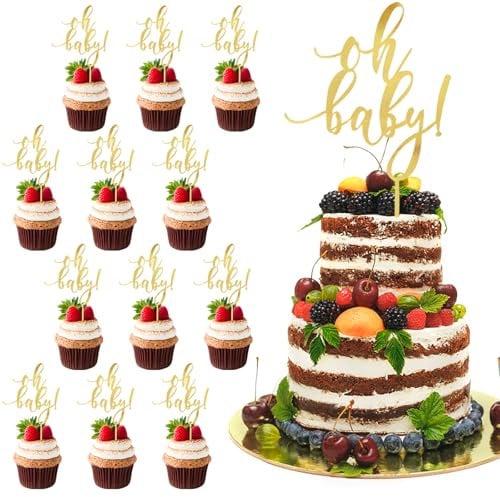 11 Stück Oh Baby Cake Topper Holz, Doppel-Seitiger Glitzer Acryl Kuchen Topper für Geburtstage, Partys, Hochzeiten, Valentinstag, Deko (Gold)