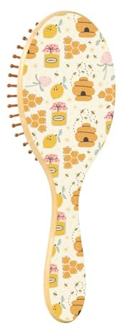 Brosse à cheveux en bois - Brosse à cheveux en bois pour cheveux - Brosse de massage en bois - Jolies abeilles - Citron - Miel - Pots en nid d'abeille