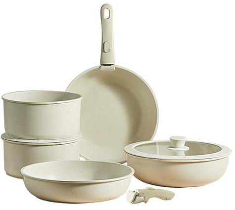 Duroecsain Induction Cookware Set, Safe Pans & Saucepans Set | RV Cookware Set, Non-Stick Cookware Set, Cream White