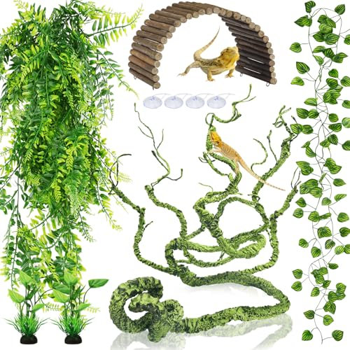 Bearded Dragon Tank Accessories, QUOZUO Terrarium Hanging Plant Vines Artificial Leaves Reptile Hide, Bridge Jungle Climber Reptile Vines for Snakes Bearded Dragon Chameleon Gecko Lizard