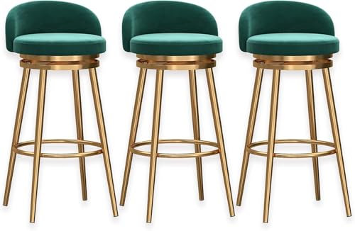 Juego de 3 taburetes de bar giratorios de terciopelo para encimera de cocina con reposapiés de metal dorado, elegantes taburetes altos con capacidad de peso de 150 kg para isla de cocina (verde, 75