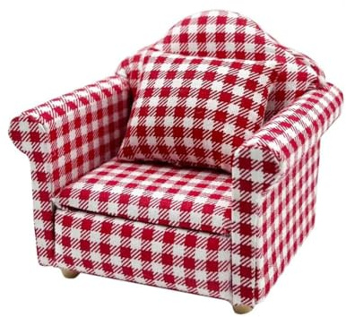 LATRAT Puppenhaus Sofa, 1:12 Puppenhaus Miniatur Möbel Modell Tuch Blumenmuster Couch Sessel Sofa Mit Kissen, Zubehör Blumenmuster Mini Möbel Sofa Set mit Rückenkissen (Rotes Gitter)