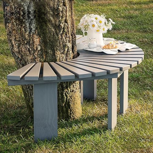 Baumbank für den Garten im Freien aus Massivholz, Gebogene Parkbank mit Lattensitz, halbrunde Baumbank für die Terrasse ohne Rückenlehne, für Gartenmöbel im Freien (grau)