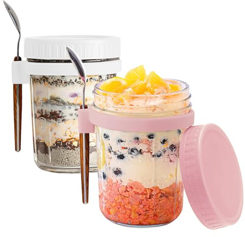 FePen Overnight Oats Jars, 2 Piezas 350ML Frascos de Vidrio con Tapa, Porta Yogur, Taza de Cereales para Llevar, Tarros de Avena Nocturna con Tapas y Cuchara,Vaso Portátil de Yogurt (White+Pink)