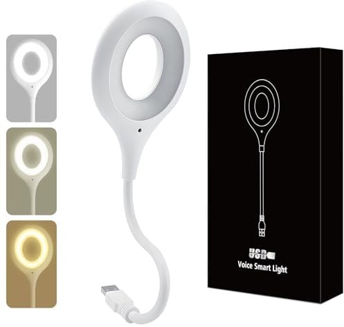 VKH Lampada da Tavolo LED USB Intelligente con Controllo Vocale (EN), 3 Colori Dimmerabili, Testa Rotante 360°, Luce Morbida Anti-Affaticamento, Ideale per Studio, Lettura, Comodino